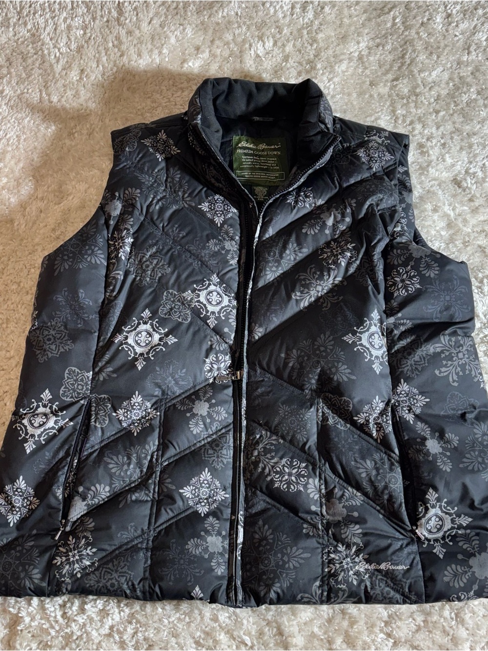 Eddie Bauer Black Quilted Printed Down Vest